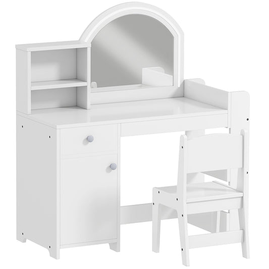 AIYAPLAY Kids Vanity Table and Chair Set, Girls Dressing Table with 2-Colour LED Mirror, Stool, Cabinet, Drawer, Shelves, White