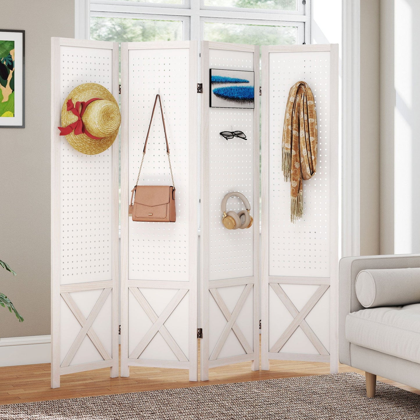 4-Panel Pegboard Room Divider with Solid Wood Frame and Metal Hinges