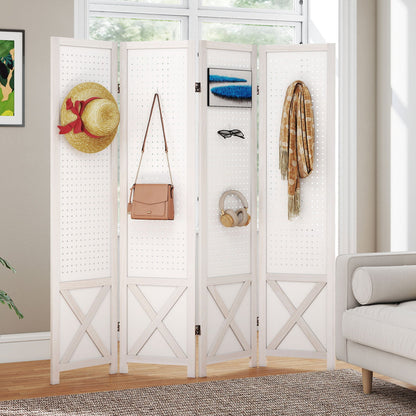 4-Panel Pegboard Room Divider with Solid Wood Frame and Metal Hinges