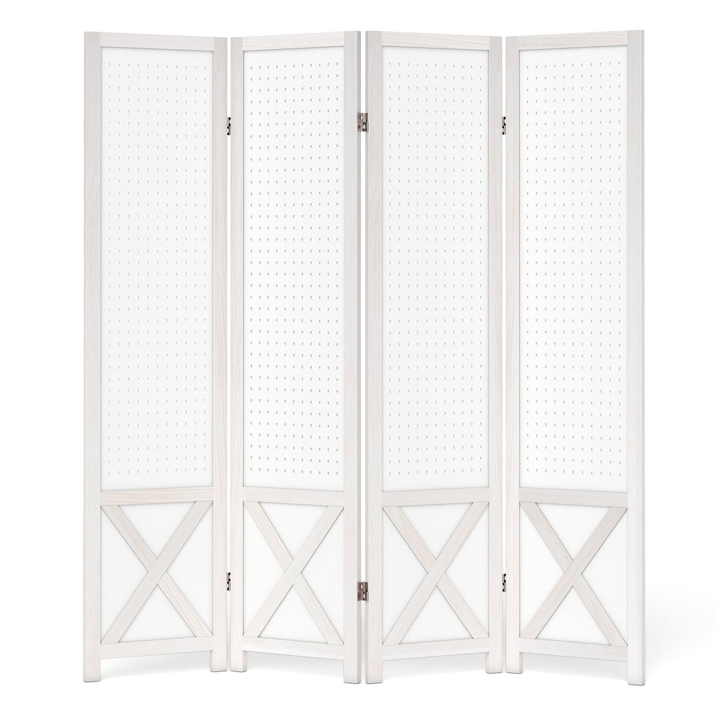 4-Panel Pegboard Room Divider with Solid Wood Frame and Metal Hinges