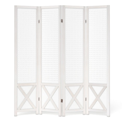 4-Panel Pegboard Room Divider with Solid Wood Frame and Metal Hinges