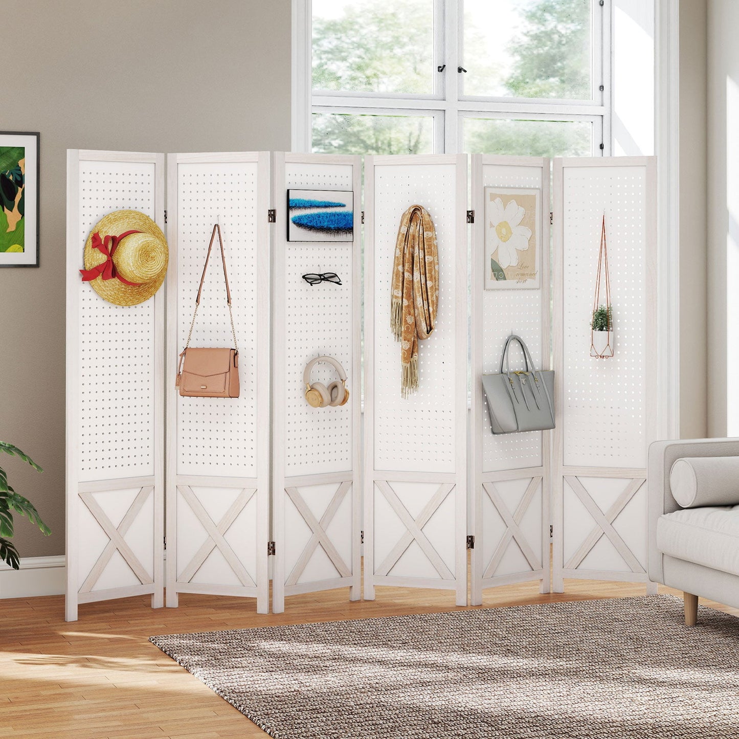 6-Panel Pegboard Room Divider with Solid Wood Frame and Metal Hinges