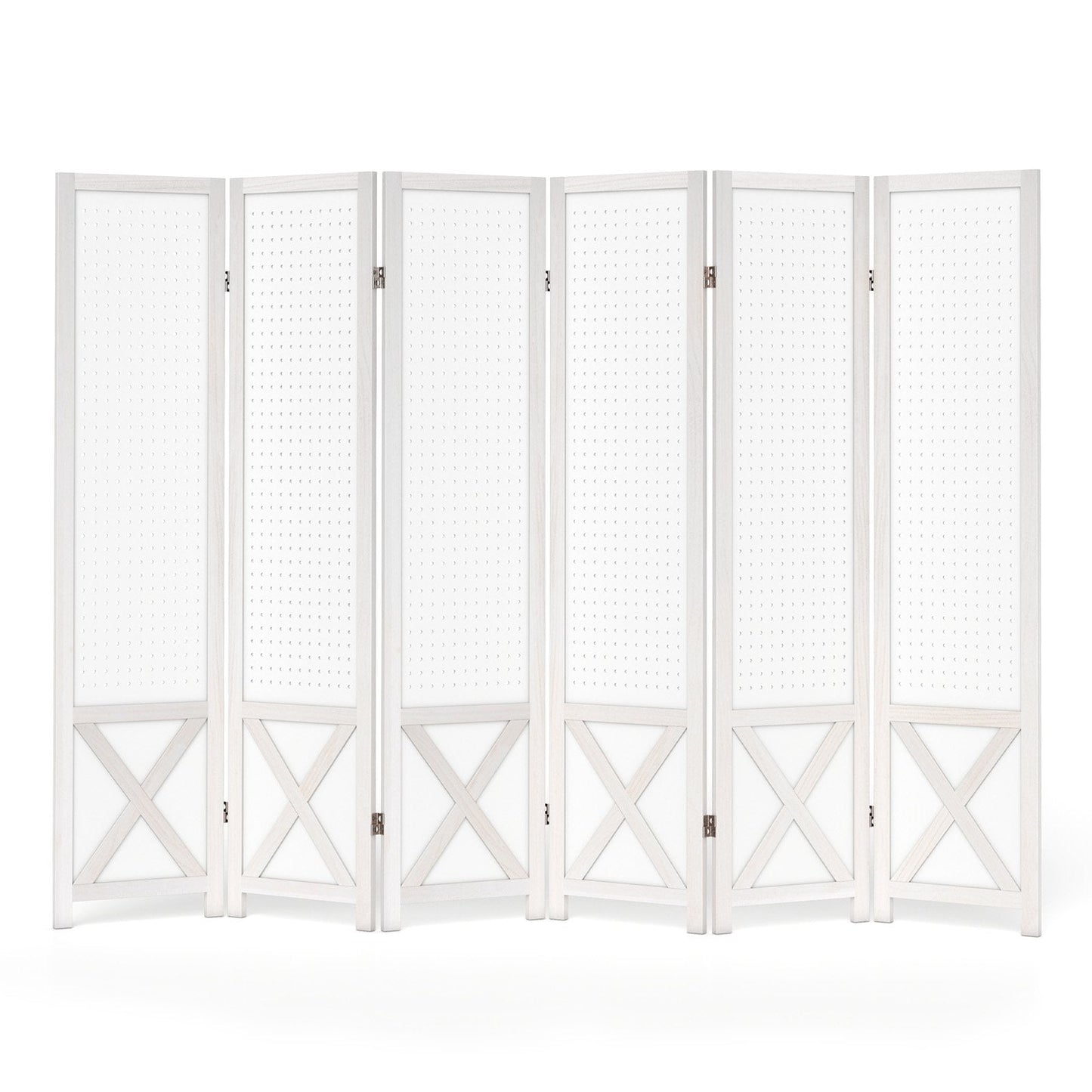 6-Panel Pegboard Room Divider with Solid Wood Frame and Metal Hinges