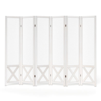 6-Panel Pegboard Room Divider with Solid Wood Frame and Metal Hinges