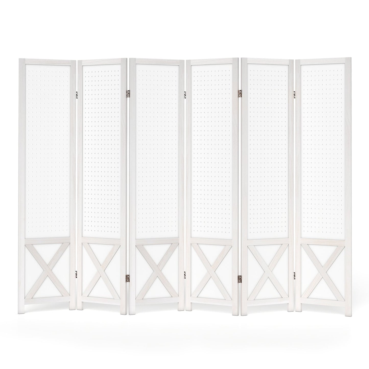 6-Panel Pegboard Room Divider with Solid Wood Frame and Metal Hinges
