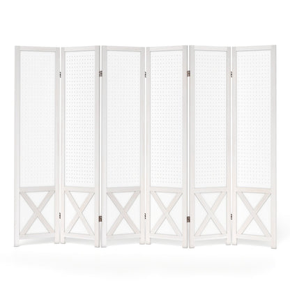 6-Panel Pegboard Room Divider with Solid Wood Frame and Metal Hinges