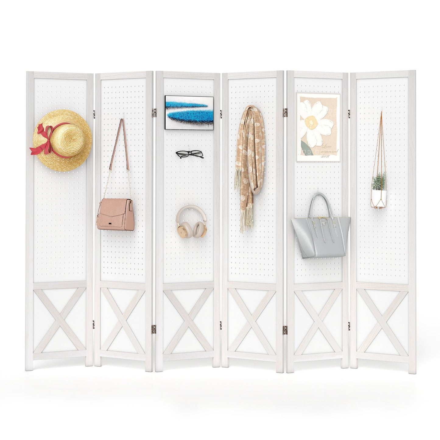 6-Panel Pegboard Room Divider with Solid Wood Frame and Metal Hinges