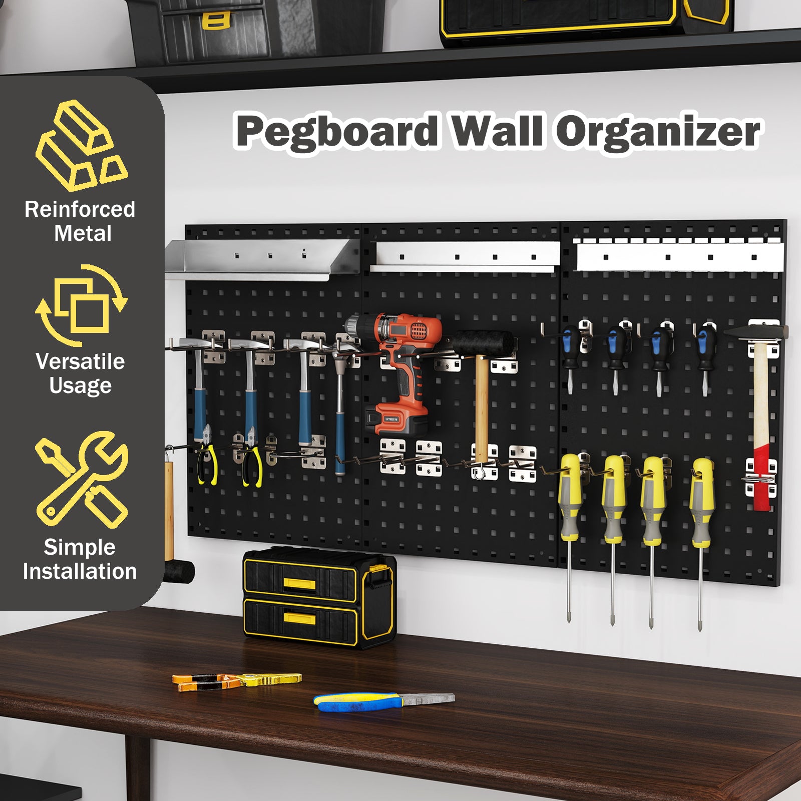 Wall-Mounted Pegboard Tool Organizing Kit with 28 PCS Hanging Accessories-Black
