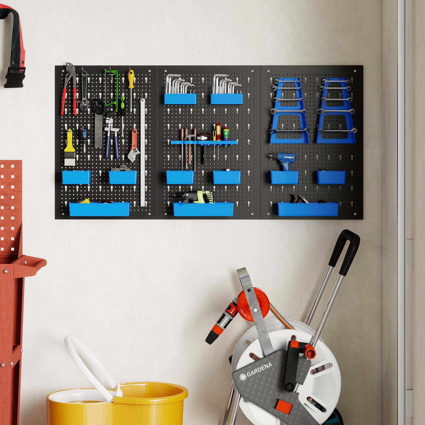 9-Bin Parts Rack Organizer with Hammer Racks for Garage-Blue