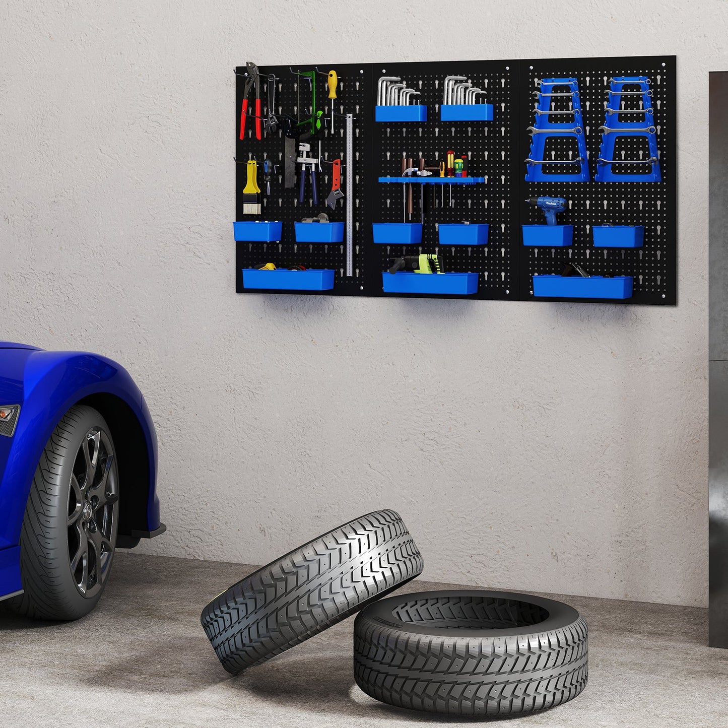 9-Bin Parts Rack Organizer with Hammer Racks for Garage-Blue