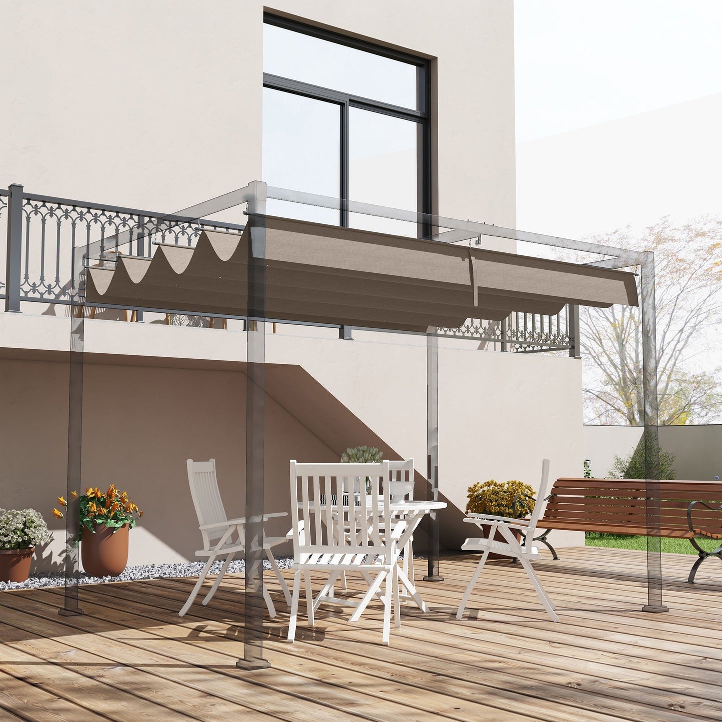 Outsunny Pergola Cover Roof, 2.86 x 2.45 m Retractable Sun Shade Top for 3 x 2m Pergola Frame, UV30+ Protected, Coffee