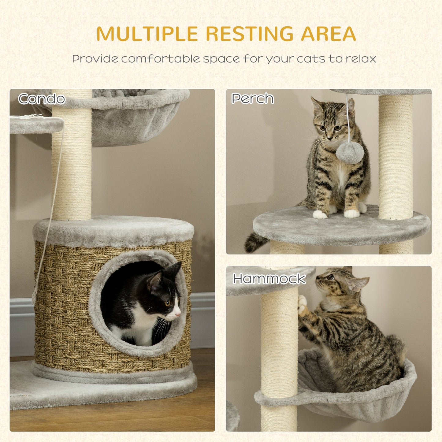 PawHut Cat Tree, 115cm Cat Climbing Tower, kitten Activity Centre with Fluffy House and Hammock, Jute Scratching Post and Hanging Ball, Light Grey