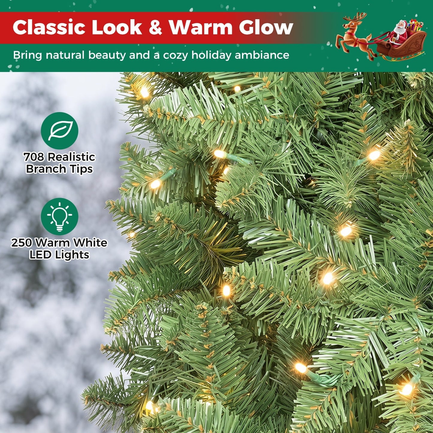Pencil Christmas Tree with 250 LED Lights and 708 Branch Tips for Holiday