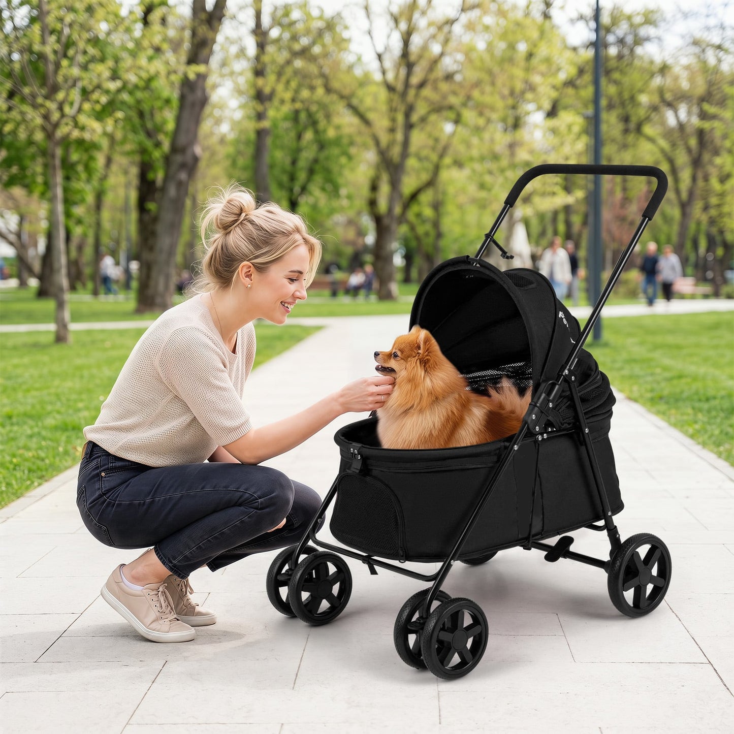 Pet Stroller for Small Medium Dogs with 360° Swivel Front Wheels and One-Step Rear Brake-Black