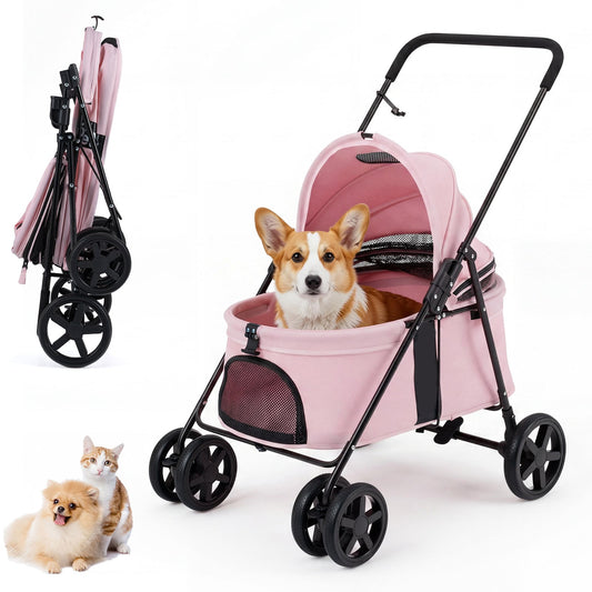 Pet Stroller for Small Medium Dogs with 360° Swivel Front Wheels and One-Step Rear Brake-Pink