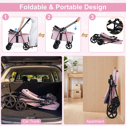 Pet Stroller for Small Medium Dogs with 360° Swivel Front Wheels and One-Step Rear Brake-Pink