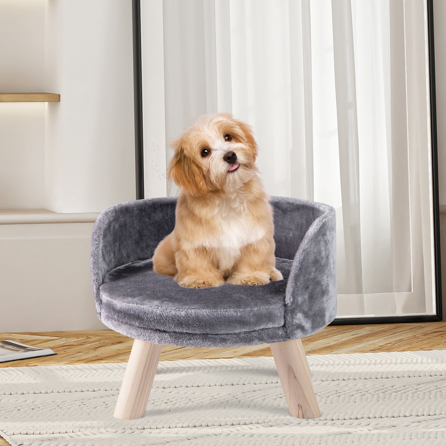 Pet Bed Sofa Wooden Couch with Removable and Washable Cushion-Grey