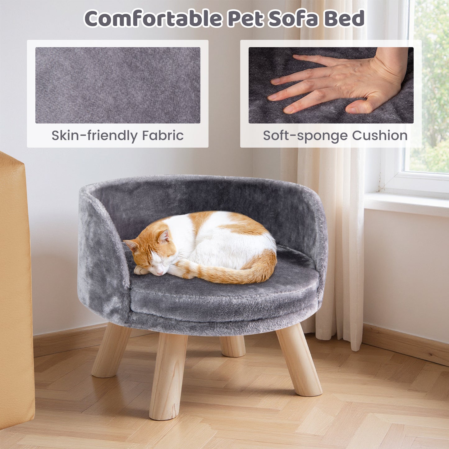 Pet Bed Sofa Wooden Couch with Removable and Washable Cushion-Grey