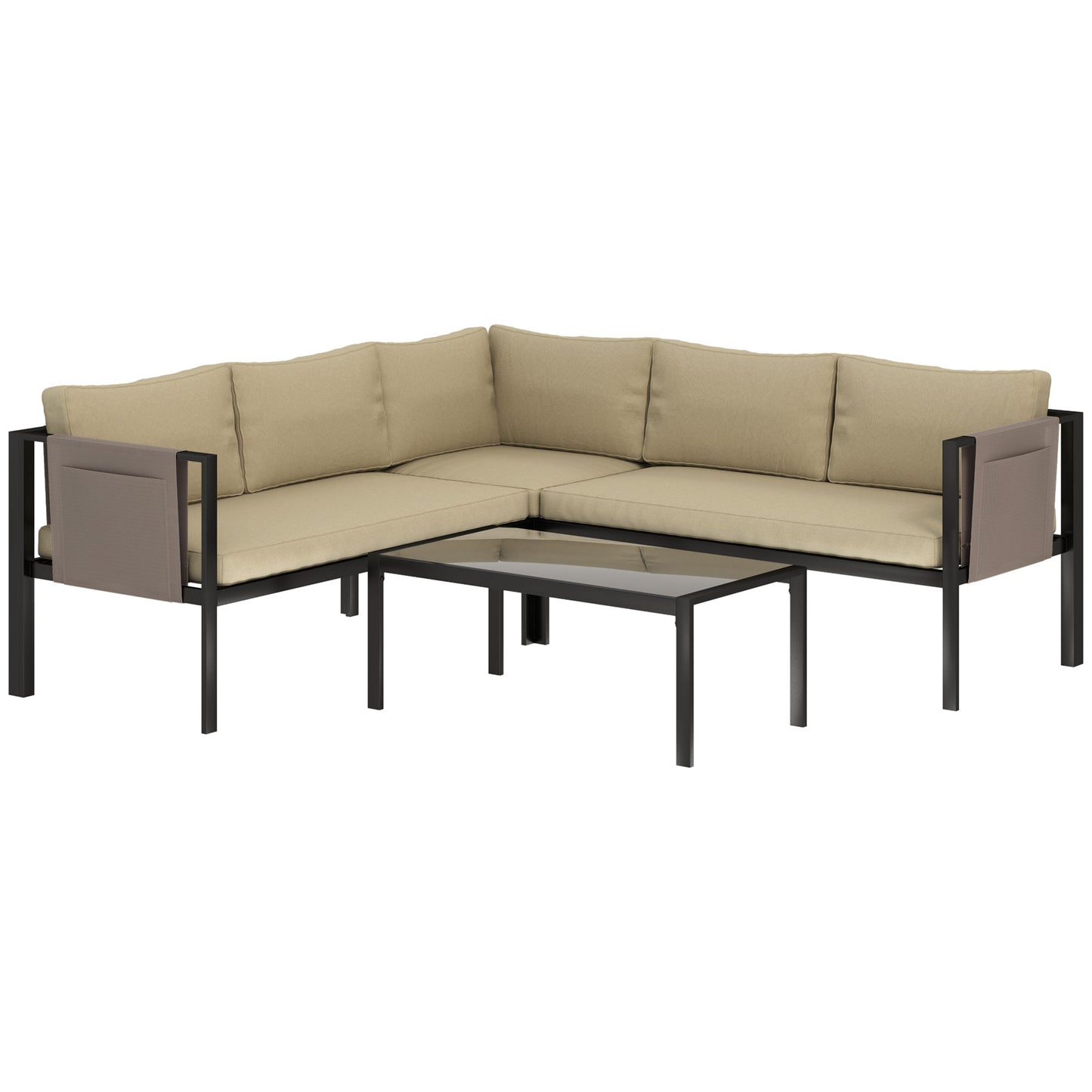 Outsunny 5 Seater Garden Corner Sofa Set, 4 Pieces Metal Garden Furniture Set with Loveseats, Glass Top Coffee Table, Breathable Mesh Pocket, Outdoor Conversation Furniture with Cushions, Khaki
