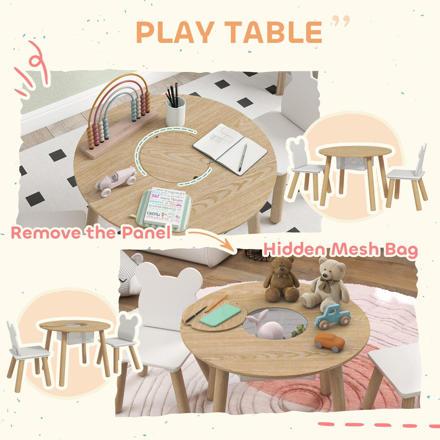 AIYAPLAY 3-Piece Kids Activity Table Set with Centre Mesh Bag, Bear-Shaped Backrest, for Arts and Crafts, Reading, Dining