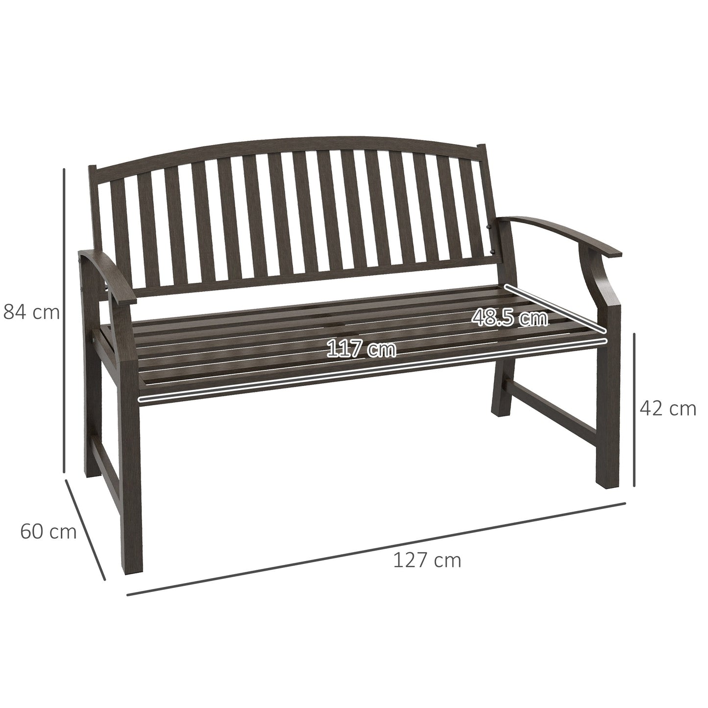 Outsunny Garden Bench, Outdoor Metal Bench with Slatted Seat and Backrest, Curved Armrest, for Conservatory, Garden, Poolside, Deck, Brown