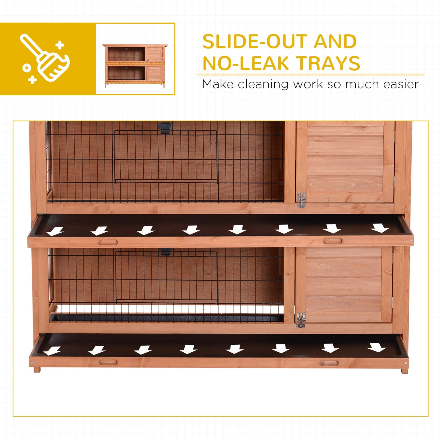 PawHut Rabbit Hutch Outdoor Guinea Pig Hutch Bunny Cage with No-Leak Trays, Divider, 136 x 50 x 93cm, Orange