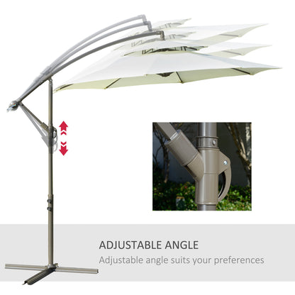 Outsunny 2.7m Garden Banana Parasol Cantilever Umbrella with Crank Handle, Double Tier Canopy and Cross Base for Outdoor, Hanging Sun Shade, Beige