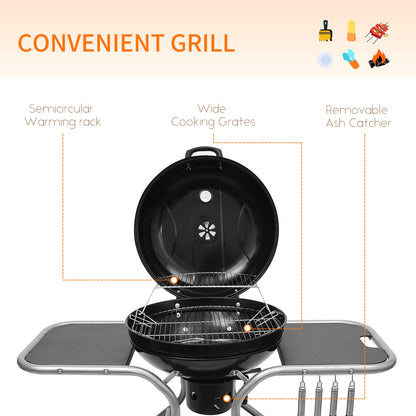 Outsunny Portable Charcoal Kettle Grill Outdoor Barbecue Trolley BBQ Heat Smoker Grilling with Two wheels, Free Standing Black