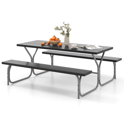 183 cm Picnic Table Bench Set with Umbrella Hole for Patio Garden Yard Poolside Party-Black