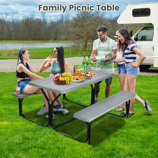 Picnic Table Bench Set with Metal Base Wood for Outdoor-Grey