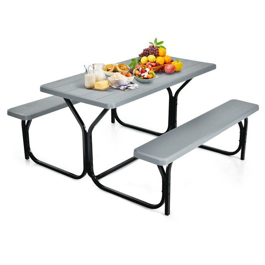 Picnic Table Bench Set with Metal Base Wood for Outdoor-Grey