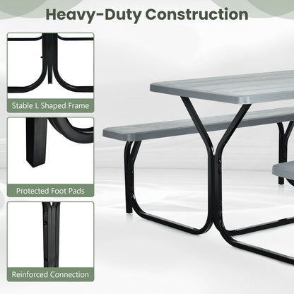 Picnic Table Bench Set with Metal Base Wood for Outdoor-Grey