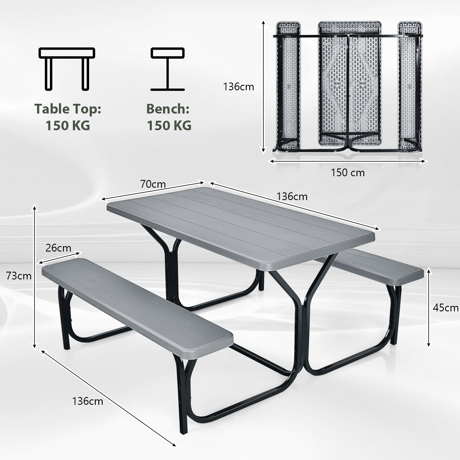 Picnic Table Bench Set with Metal Base Wood for Outdoor-Grey