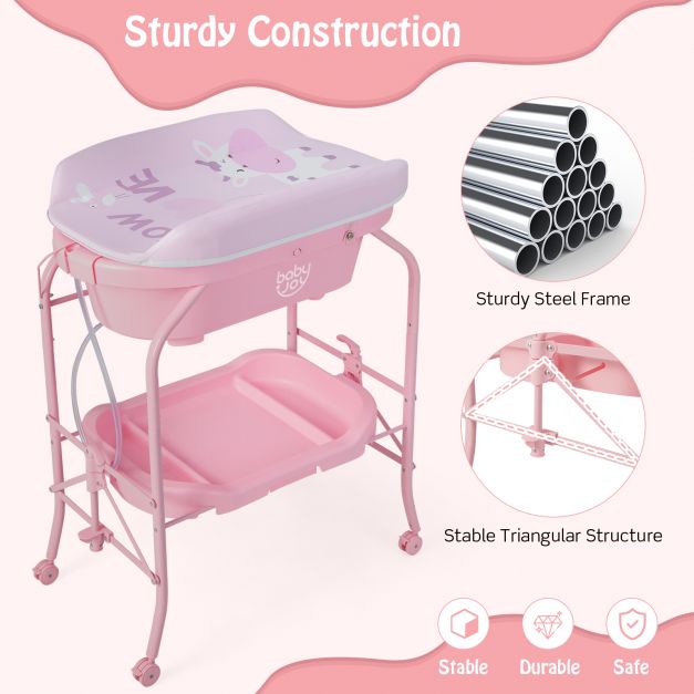 2-in-1 Baby Change Table with Bathtub and Folding Changing Station-Pink