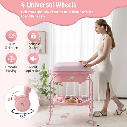 2-in-1 Baby Change Table with Bathtub and Folding Changing Station-Pink