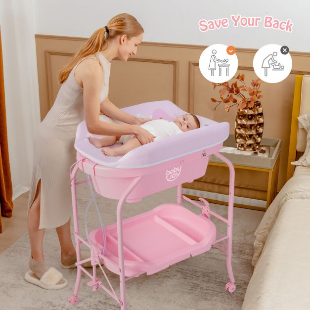 2-in-1 Baby Change Table with Bathtub and Folding Changing Station-Pink
