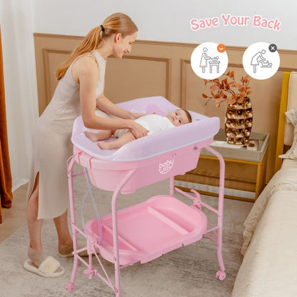 2-in-1 Baby Change Table with Bathtub and Folding Changing Station-Pink
