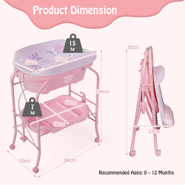2-in-1 Baby Change Table with Bathtub and Folding Changing Station-Pink
