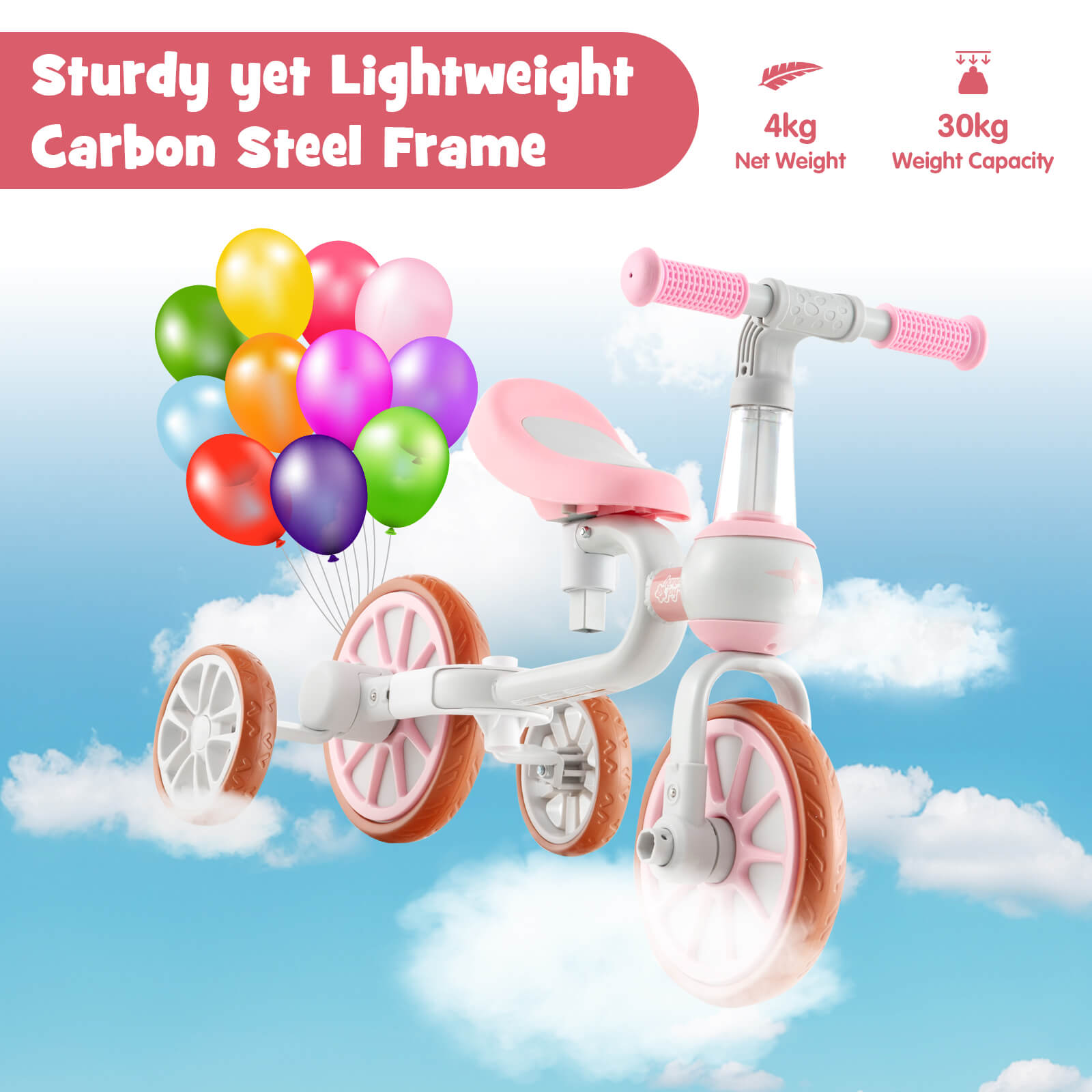 4-in-1 Multifunctional Kids Training Balance Trike wih Adjustable Push Handle-Pink