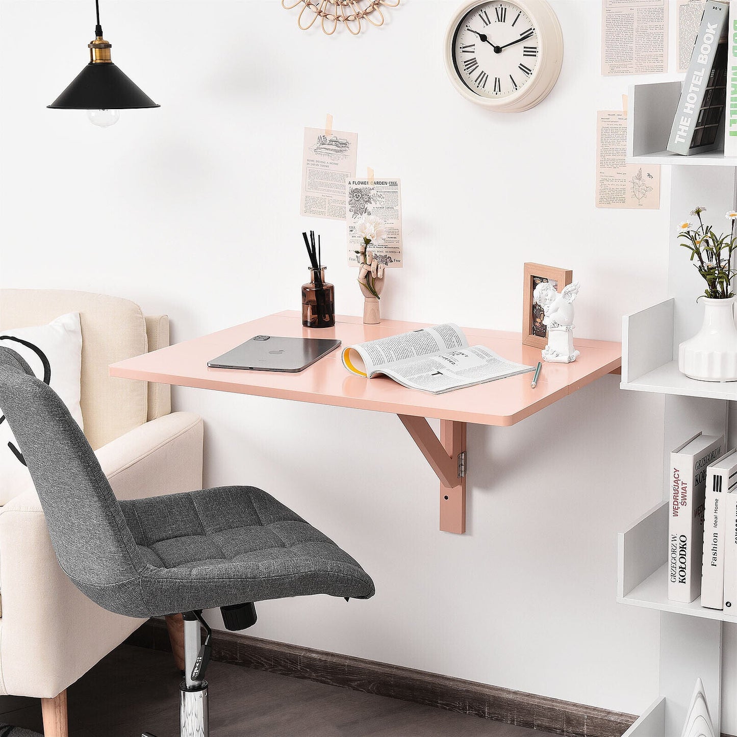 Wooden Folding Wall-Mounted Drop Leaf Table-Pink