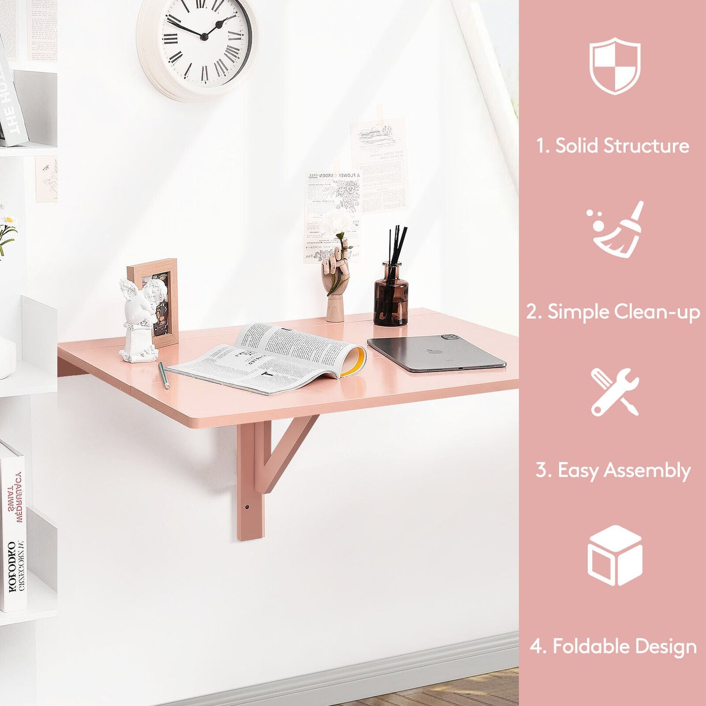 Wooden Folding Wall-Mounted Drop Leaf Table-Pink