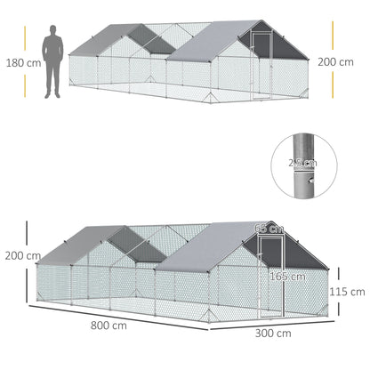 PawHut Chicken Run Galvanised Walk-in Chicken Coop Hen Poultry House Cage Rabbit Hutch with Water-Resist Cover, 3 x 8 x 2m