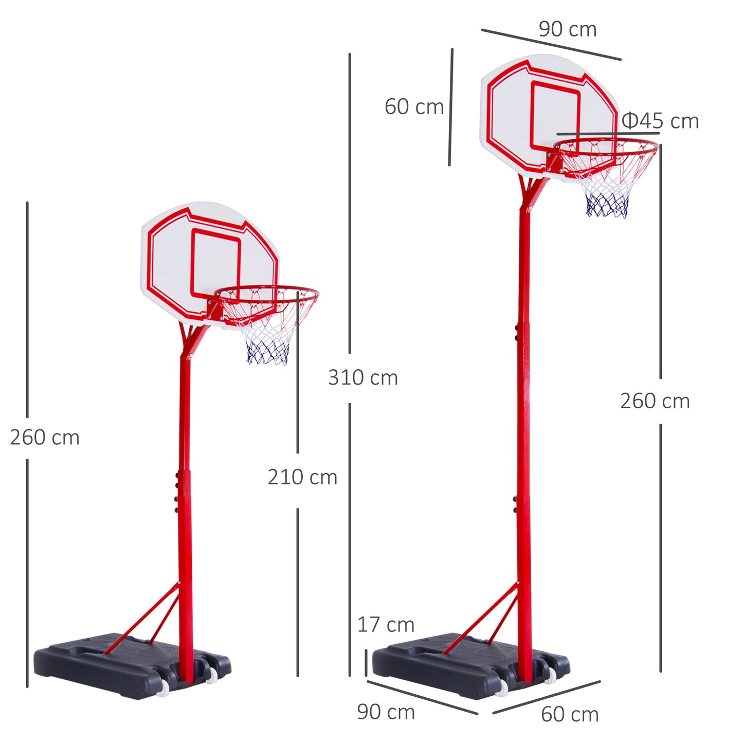 Stojak na obręcz do koszykówki HOMCOM System przenośny Tablica PE Regulowana wysokość 2,1-2,6 m z kółkami dla dorosłych Zabawa sportowa
