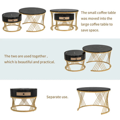 2-in-1 Marble Coffee Table Set with Marble Grain Veneer Top, Rattan Drawers, and Solid Wood Handles, Gold Iron Legs, 70x70x45.5 cm + 50x50x38.5 cm, Black+Gold