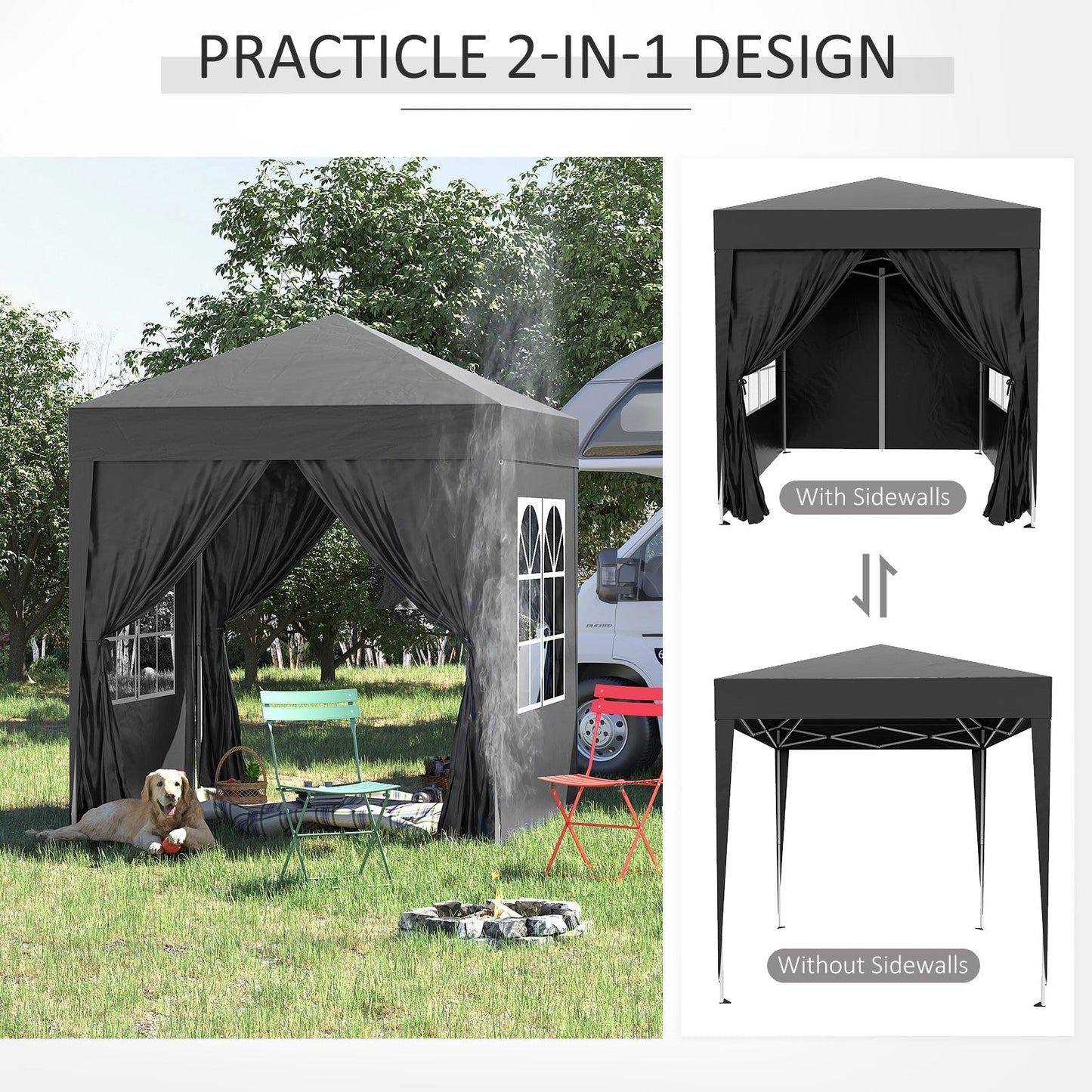 Outsunny 2x2m Garden Pop Up Gazebo Shelter Canopy w/ Removable Walls and Carrying Bag for Party and Camping, Black