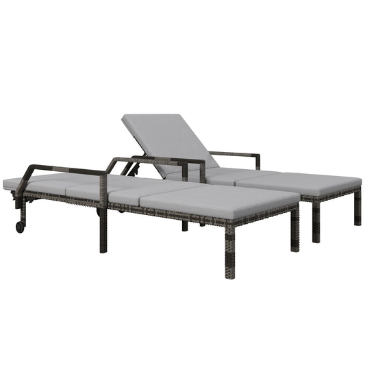 Zestaw 2 leżaków ogrodowych Outsunny Outdoor PE Rattan, leżak ogrodowy z wikliny z 5-stopniową regulacją oparcia i 2 kółkami, kolor szary