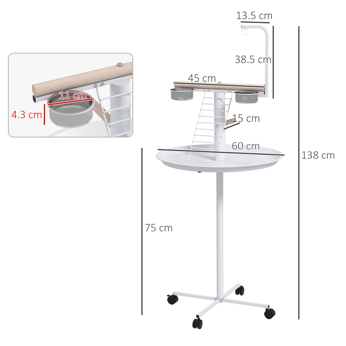 PawHut Bird Stand with Four Wheels, Perches, Stainless Steel Feed Bowls, Round Tray, for Garden, Indoor, Outdoor - White