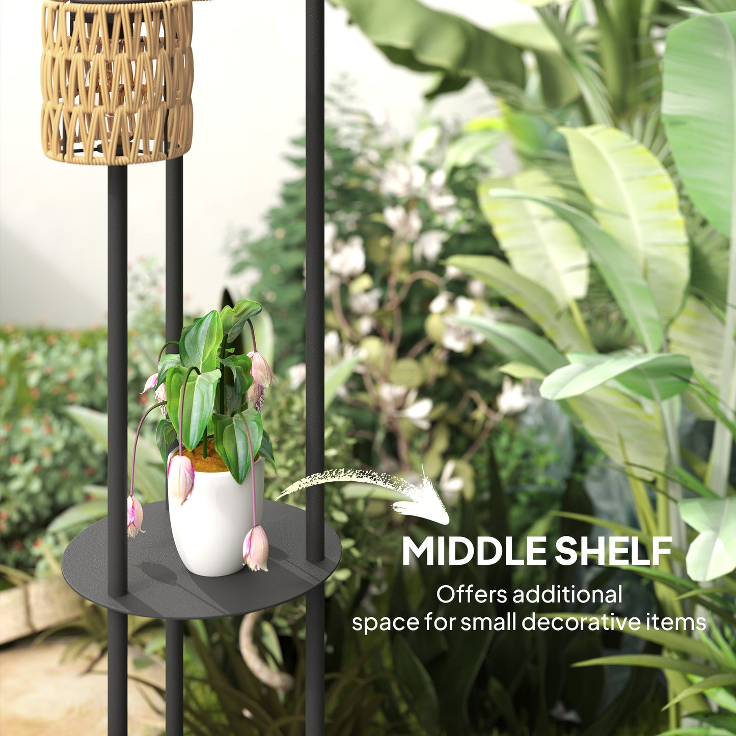 Lampa podłogowa Outsunny Boho Rattan, 3-lampowa lampa rattanowa z półką, wolnostojąca lampa ogrodowa solarna z automatycznym włączaniem/wyłączaniem, IP44 wodoodporna, na werandę, ścieżkę, taras, żółta