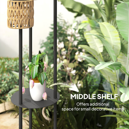 Lampa podłogowa Outsunny Boho Rattan, 3-lampowa lampa rattanowa z półką, wolnostojąca lampa ogrodowa solarna z automatycznym włączaniem/wyłączaniem, IP44 wodoodporna, na werandę, ścieżkę, taras, żółta