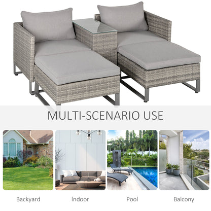 Outsunny 5pcs Patio Rattan Wicker Sofa Set Chaise Lounge Double Sofa Bed Furniture w/ Coffee Table & Footstool for Patios, Garden, Backyard, Grey